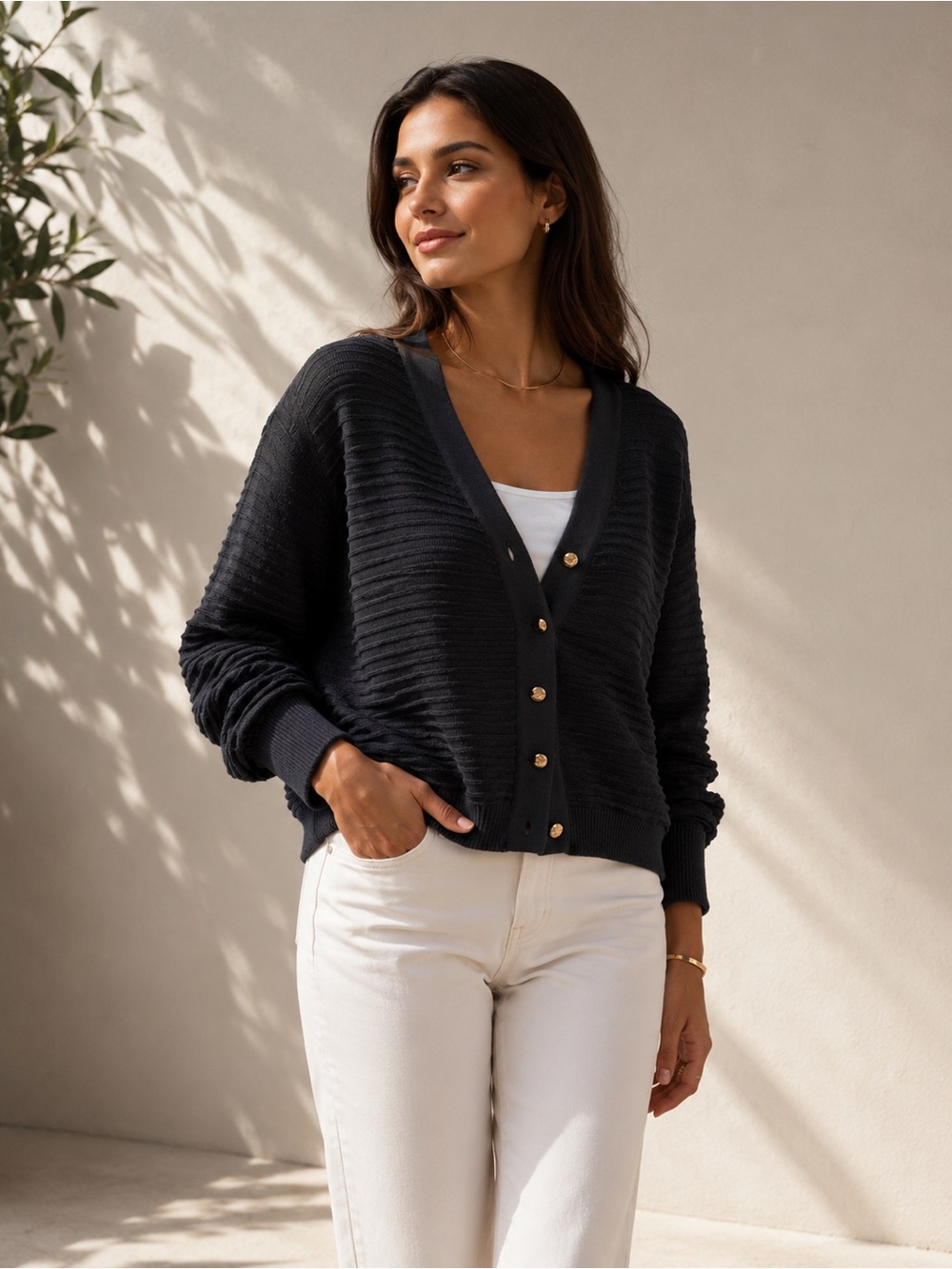 Cyrus Black Ribbed V-Neck Cardigan with Gold-Tone Buttons‎
